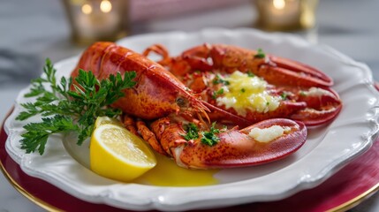 Gourmet seafood dining: boiled lobster with melted butter and lemon on elegant plate.