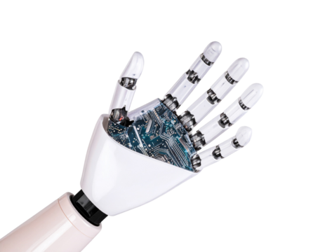 Transparent robotic hand with exposed circuitry and mechanical components on clear ba