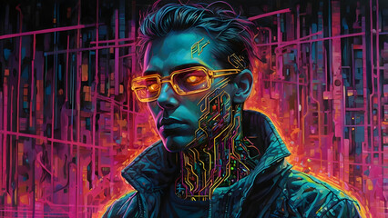 Computerization new man cyborg new technologies artificial intelligence neon picture schemes