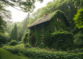 A house covered in green vines surrounded by dense forest vegetation