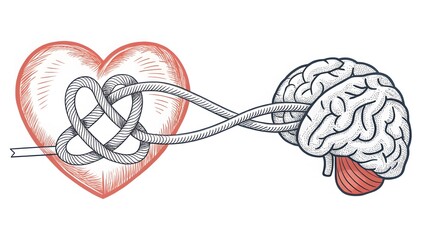 Stylized Illustration of a Heart Tied with Rope to a Human Brain love emotion