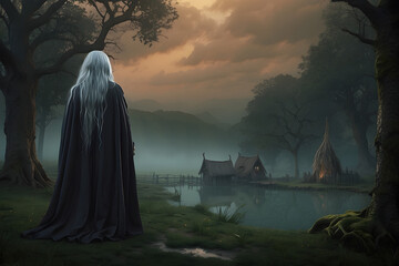 A great magician with long grey hair and a dark robe stands on the shore of a lake, looking at a village in the fog