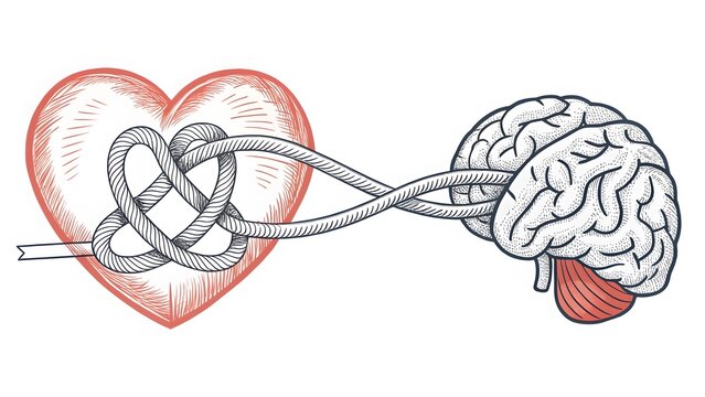 Stylized Illustration of a Heart Tied with Rope to a Human Brain love emotion