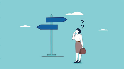 choose a new career path, confused businesswoman about choosing his career direction, make life decision choice, decide the right or wrong direction
