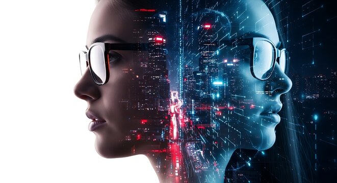 Abstract double exposure portrait of a person merged with digital circuitry and city lights - Powered by Adobe