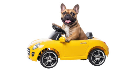 French bulldog puppy driving a yellow toy car isolated on transparent background