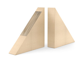 3D render of triangular cardboard food packaging for sandwiches, pizza slices, or snacks. Realistic disposable carton box with transparent window.