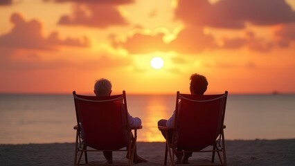 Obraz premium Couple Relaxing in Beach Chairs with Sunset Silhouette | Luxury Vacation Lifestyle