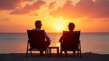 Obraz premium Luxurious Lifestyle: Romantic Couple Relaxing in Beach Chairs at Sunset
