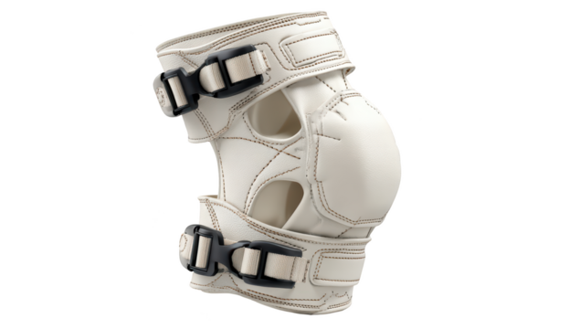 Cream-colored knee brace with buckles & padding for joint support, isolated