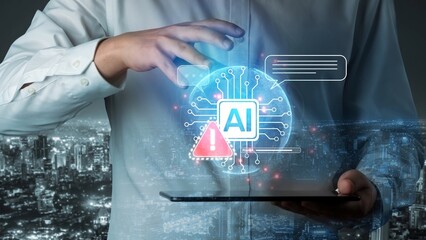 Obraz na płótnie Canvas AI interface showing prompt error warning and system alert. AI prompt failure can lead to incorrect output or hallucination. Managing AI prompt error is crucial in safe AI deployment. Muxer