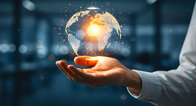 Hand holding a glowing incandescent light bulb with a digital globe overlay symbolizing innovation and global ideas
