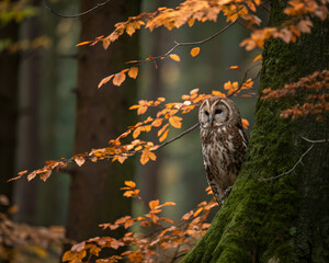 An owl perched on a mossy tree trunk in a forest with autumn leaves