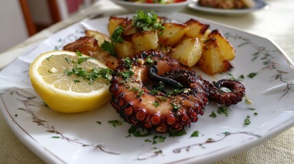 Grilled octopus tentacles with lemon and herb garnish for gourmet dining experience.