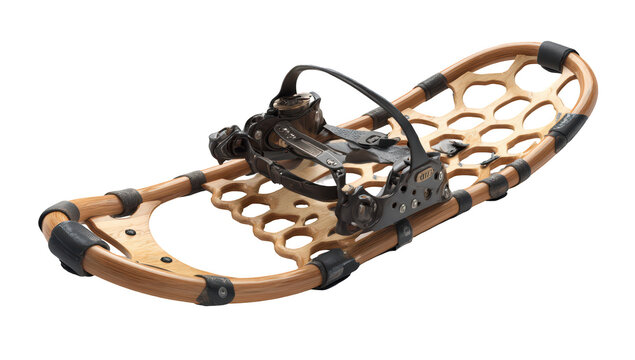 Traditional snowshoe with wooden frame and metal bindings on black background