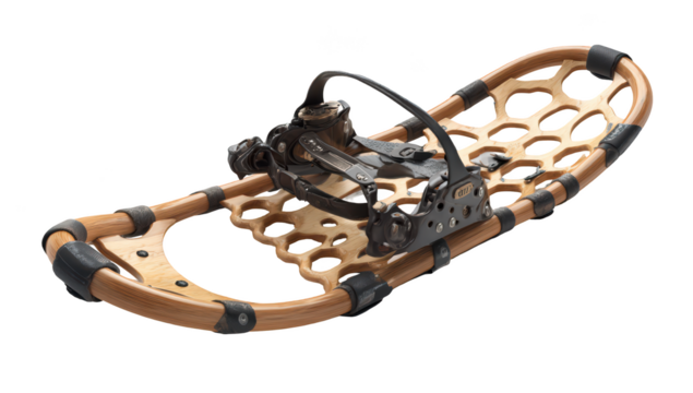 Traditional snowshoe with wooden frame and metal bindings on black background