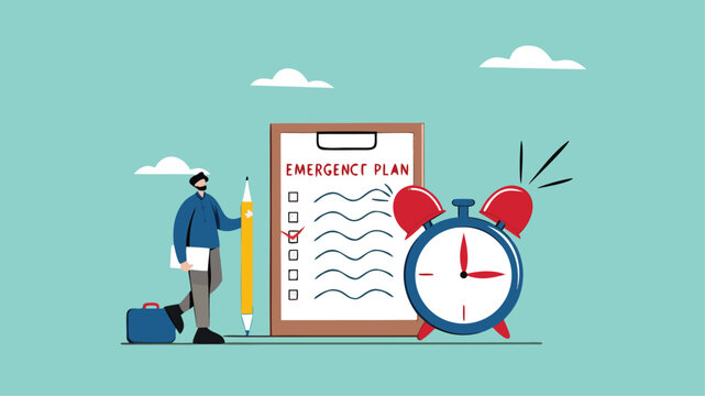 business emergency plan or strategy illustration, emergency action plan, emergency action plan when business disaster occurs, business stand with a list of emergency plans with an alarm clock beeping