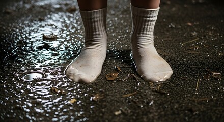 Soaked White Socks Standing in Reflective Puddles on Dark Ground