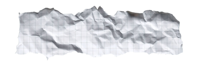 Severely crumpled and torn sheet of graph paper isolated on transparent background.