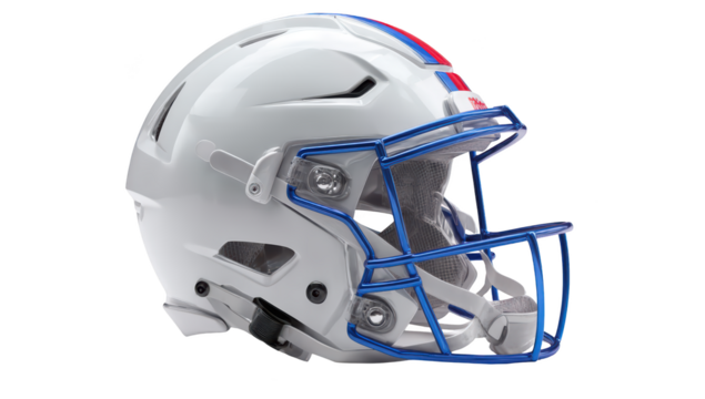 White football helmet with blue and red stripes. Includes face mask and padding