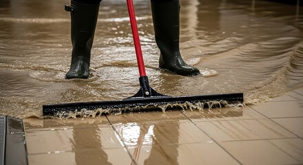 Worker in Rubber Boots Using Squeegee to Clear Floodwater from Floor