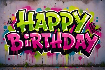 Colorful happy birthday typography graffiti on wall