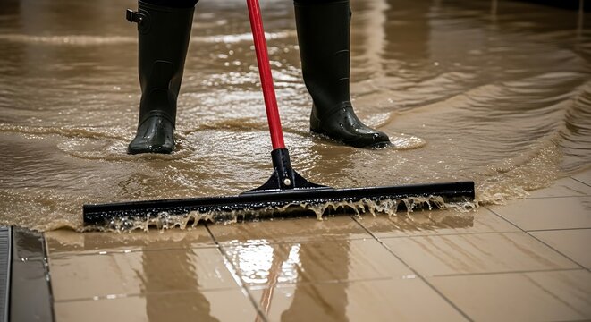 Worker in Rubber Boots Using Squeegee to Clear Floodwater from Floor - Powered by Adobe
