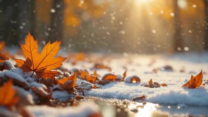 Sunlit orange maple leaf creating a beautiful mood, symbolizing the first snow of winter against a golden background - Powered by Adobe