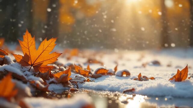 Sunlit orange maple leaf creating a beautiful mood, symbolizing the first snow of winter against a golden background