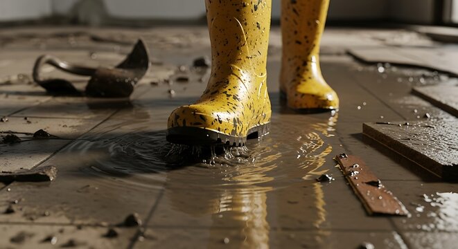 Close-up of Yellow Rubber Boots Splashing Through Muddy Water on a Tiled Floor