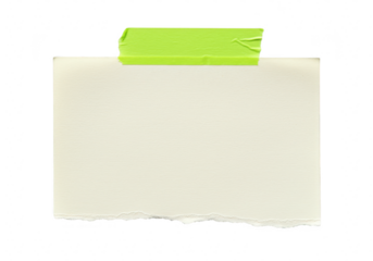 A piece of paper with torn edges held by green tape isolated on transparent background
