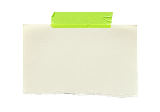 A piece of paper with torn edges held by green tape isolated on transparent background