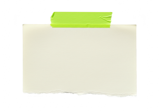 A piece of paper with torn edges held by green tape isolated on transparent background