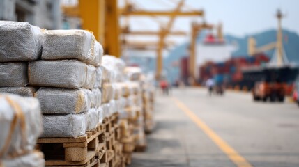 Medium shot of organized piles of returned goods awaiting grading the front stack in clear focus with the logistics dock background softly blurred.