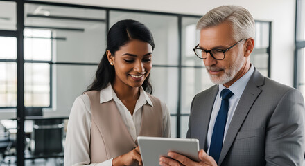 Experienced senior businessman mentoring a young businesswoman, both looking at a tablet during a business team collaboration meeting. Two business colleagues working together on a tablet.