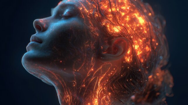 Particles and energy flow through a woman's head and neck, visualizing the effects of oxytocin and the limbic system on the experience of love