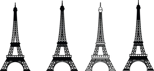 Eiffel Tower silhouettes collection, Paris landmark icons, black outline design, vector illustration, French architecture, travel symbol, decorative monument shapes, tourism art reference