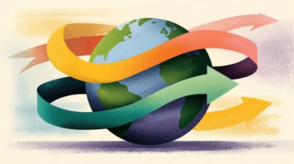 Abstract Conceptual Design of Swirling Arrows Around Earth Globe with Vibrant Colors