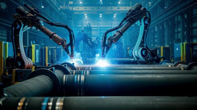 Robotic welding arms operating on large tubular structures used for deepsea drilling riser manufacturing in modern industrial plant.