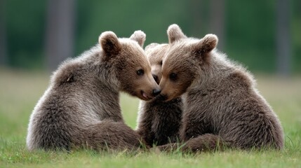Fototapeta premium Three playful baby bears enjoying a sunny day in a lush green field surrounded by trees