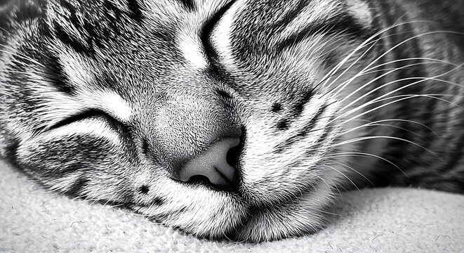 Close up black and white portrait of a domestic tabby cat sleeping peacefully with its eyes closed and whiskers visible