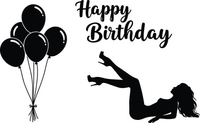 Birthday silhouette, balloons, reclining woman, Happy Birthday text, celebration, festive, elegant, graphic