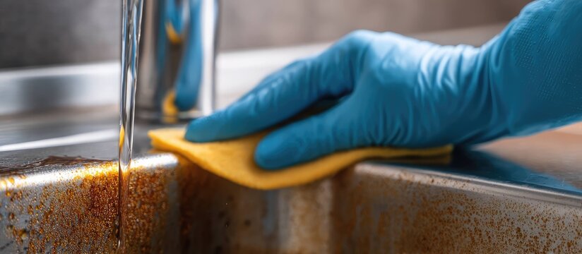 A hand wearing a blue rubber glove cleans a stainless steel sink with a yellow sponge. Water flows from the faucet, highlighting the cleaning process.
