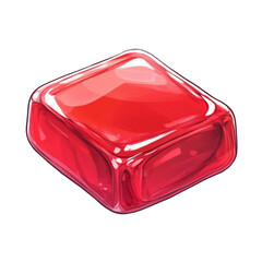 Red transparent gelatinous cube with smooth surfaces and glossy finish resembling a candy or jelly on transparent background