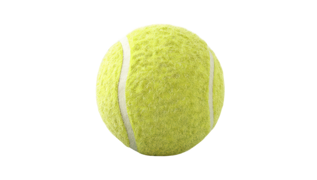 Isolated tennis ball, bright yellow fuzzy sphere with distinct white seam lines on black