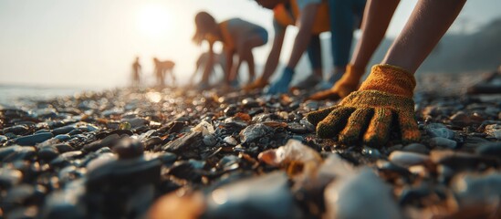 People cleaning a beach, wearing gloves, collecting trash from the shore. The scene shows a sunny day with a focus on environmental conservation.