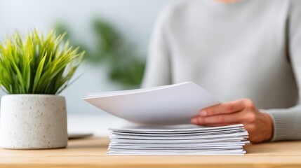 Person Reviewing Resumes and Company Brochures on Office Table with Green Plant Decoration