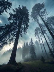 Tall pine trees in a misty forest with a narrow path and cloudy sky above