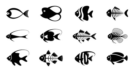 Collection of 12 Stylized Black and White Fish Icons