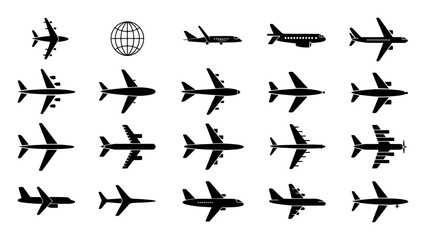 Collection of Airplane Icons and Globe Symbol